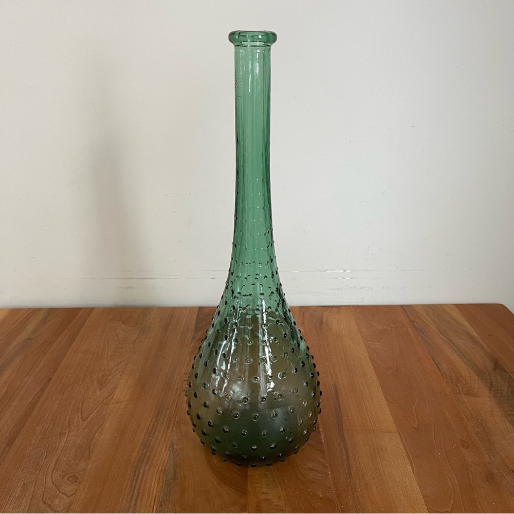 Vintage MCM Empoli Glass Genie 15" Bottle Green Hobnail Decanter Italy Retro